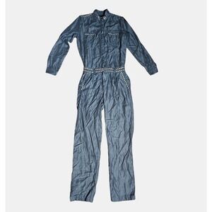 Hotel Particulier Long Sleeve Collared Jumpsuit Studded Chambray Denim 34 Gray